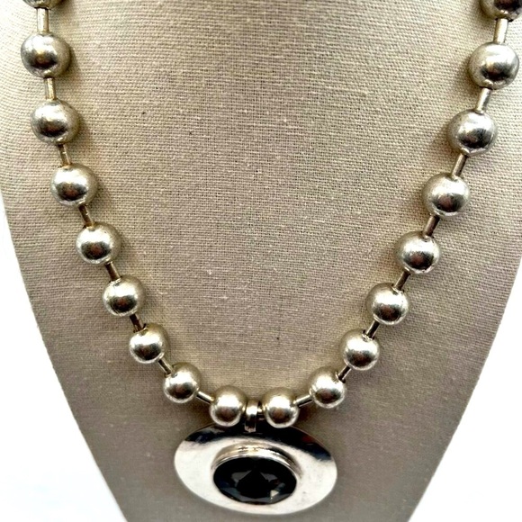 Vintage Handcrafted Silver Necklace With Smoky Faceted Glass Pendant - Picture 2 of 7